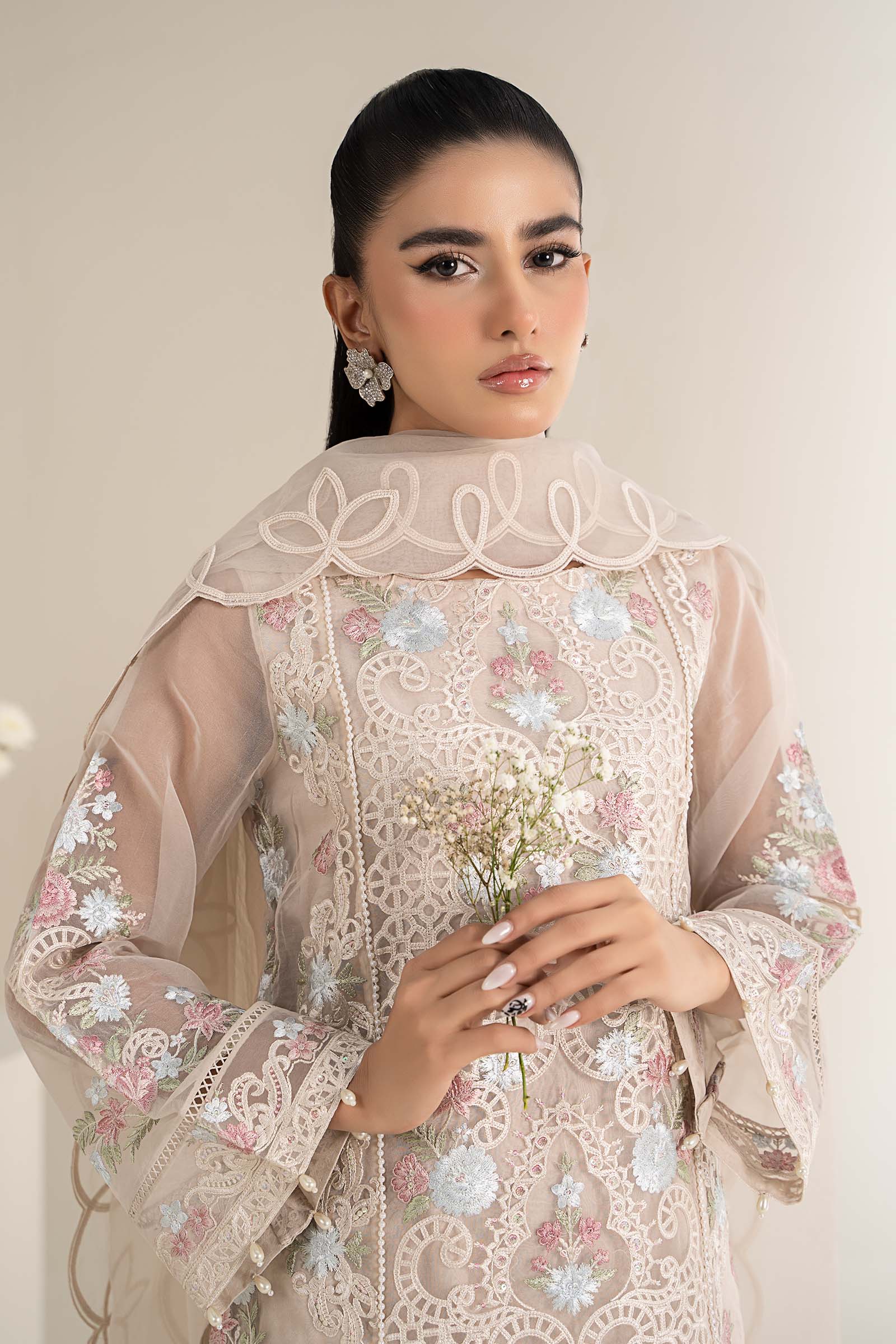 Off White Embroidered Poly Organza 3-Piece Suit - Image 2