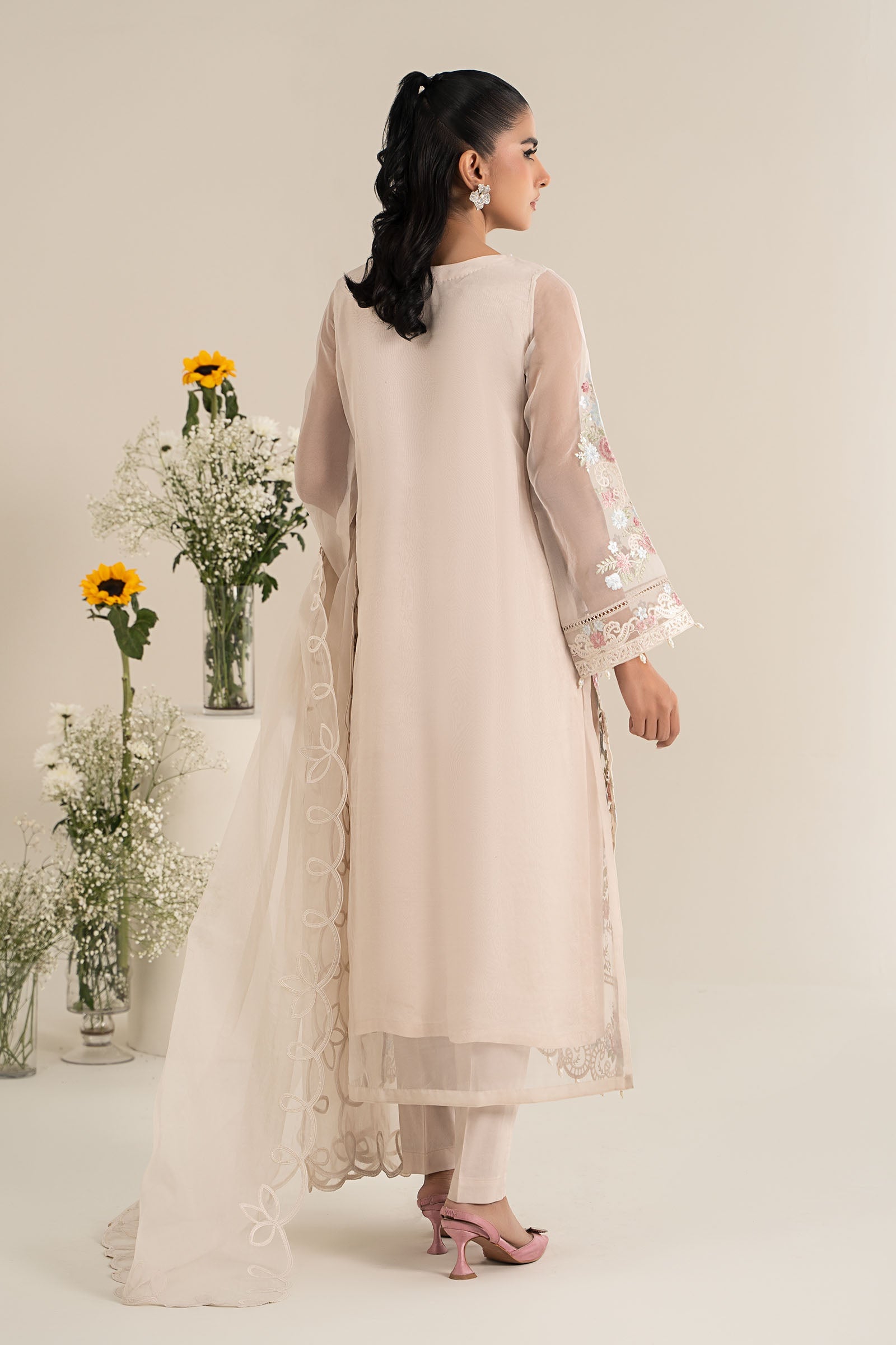 Off White Embroidered Poly Organza 3-Piece Suit - Image 8