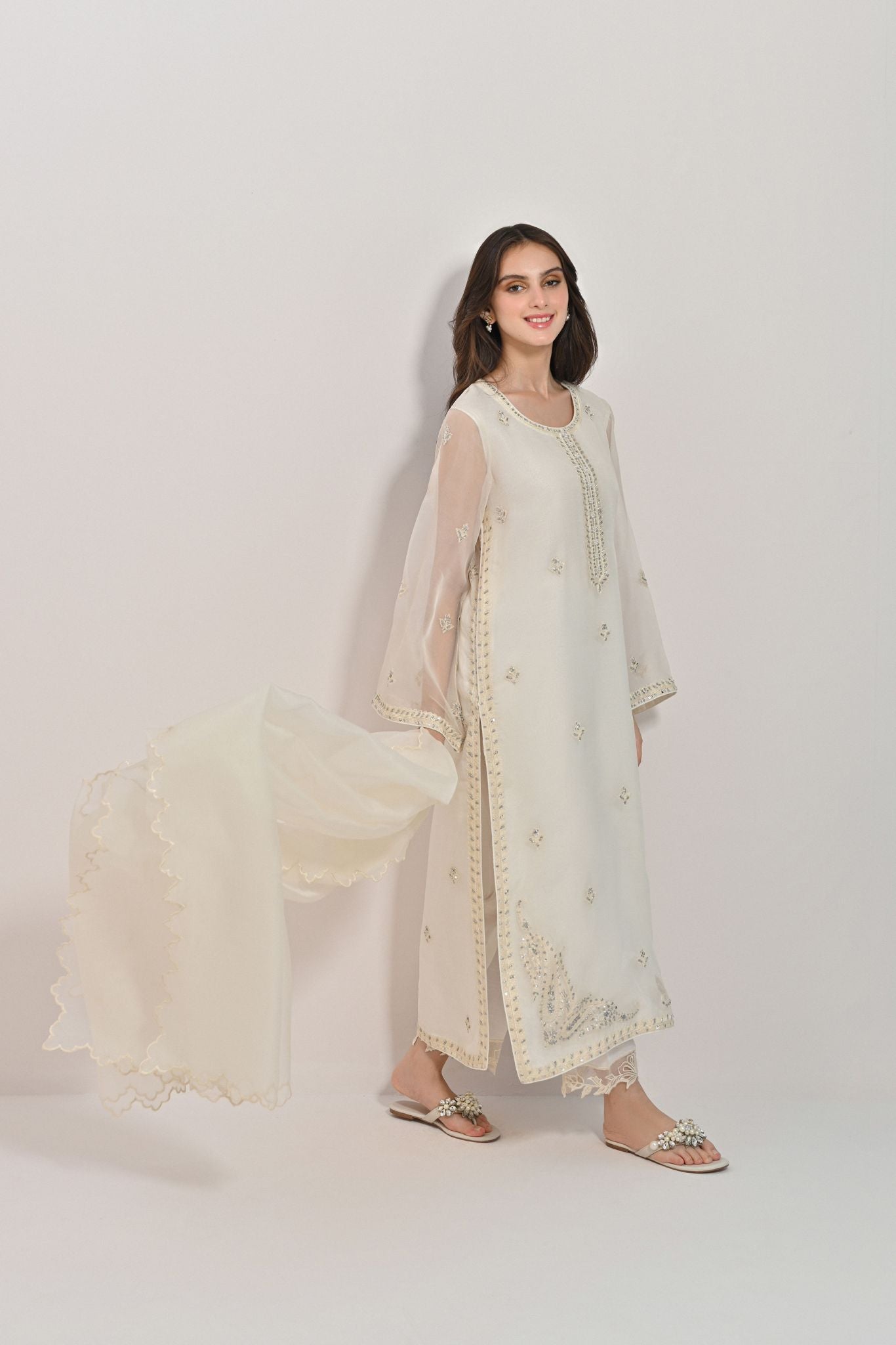 Pakistani Ivory Silver Handworked Pure Organza Salwar Kameez (3-Piece) - Image 1