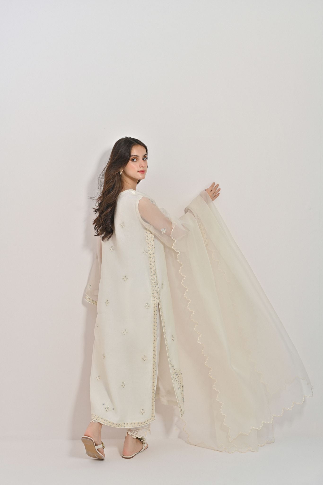 Pakistani Ivory Silver Handworked Pure Organza Salwar Kameez (3-Piece) - Image 5