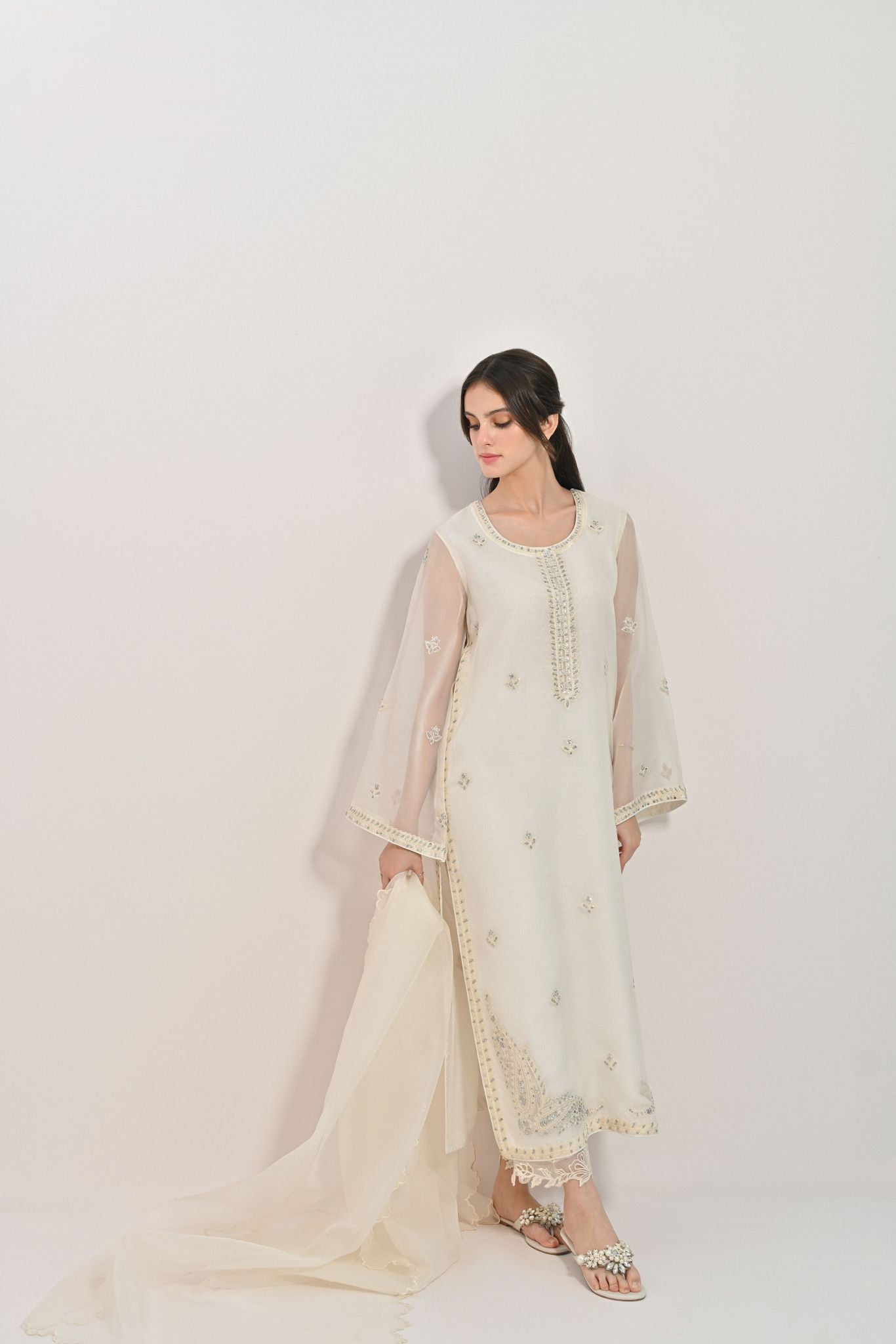 Pakistani Ivory Silver Handworked Pure Organza Salwar Kameez (3-Piece) - Image 6