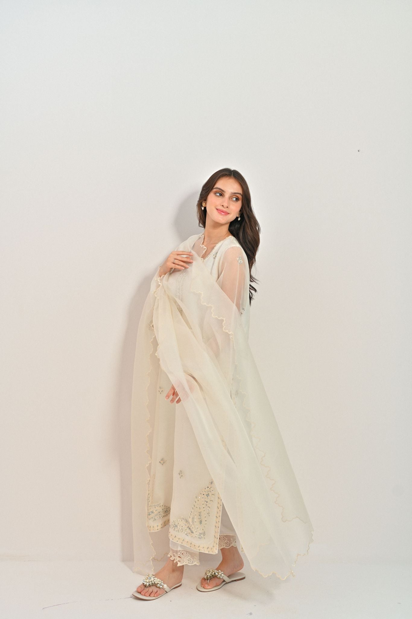 Pakistani Ivory Silver Handworked Pure Organza Salwar Kameez (3-Piece) - Image 7