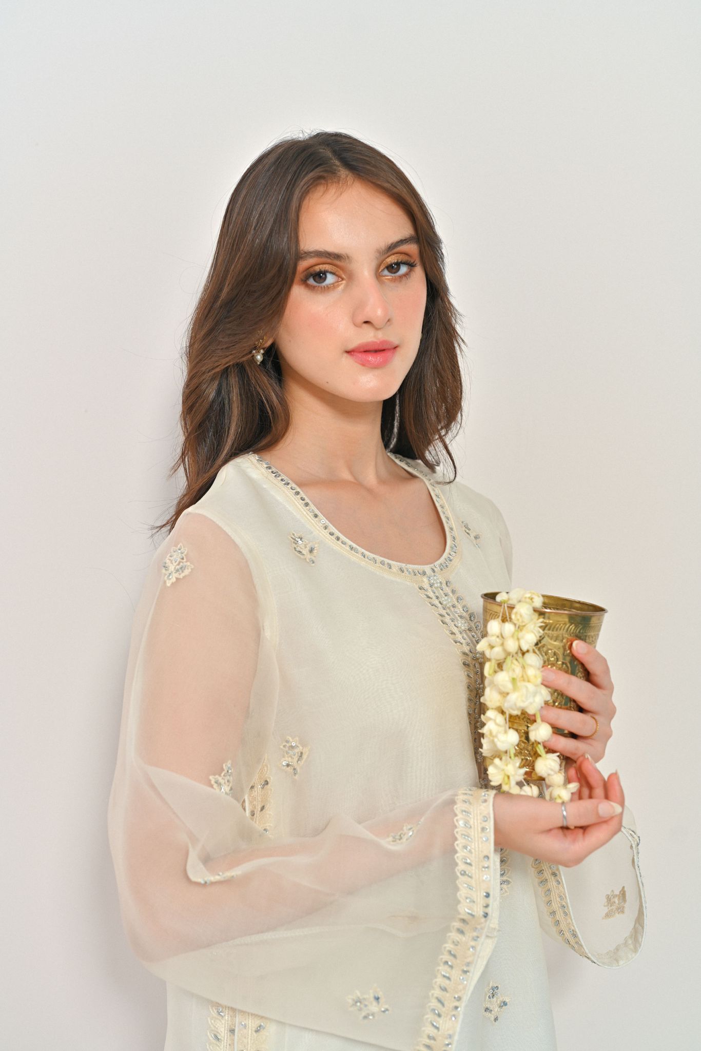 Pakistani Ivory Silver Handworked Pure Organza Salwar Kameez (3-Piece) - Image 8