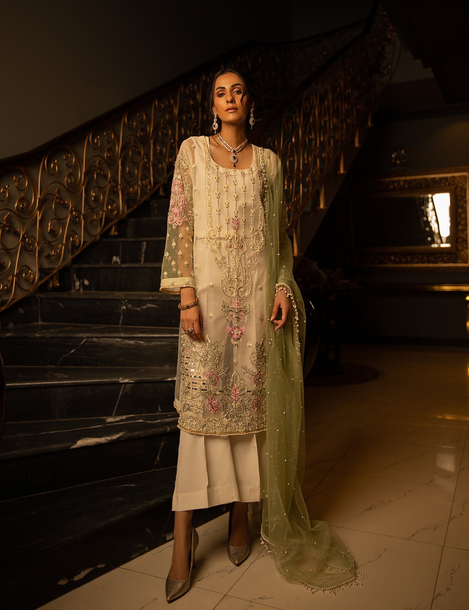 Off-White Embroidered Organza Salwar Kameez (3-Piece) - Image 1