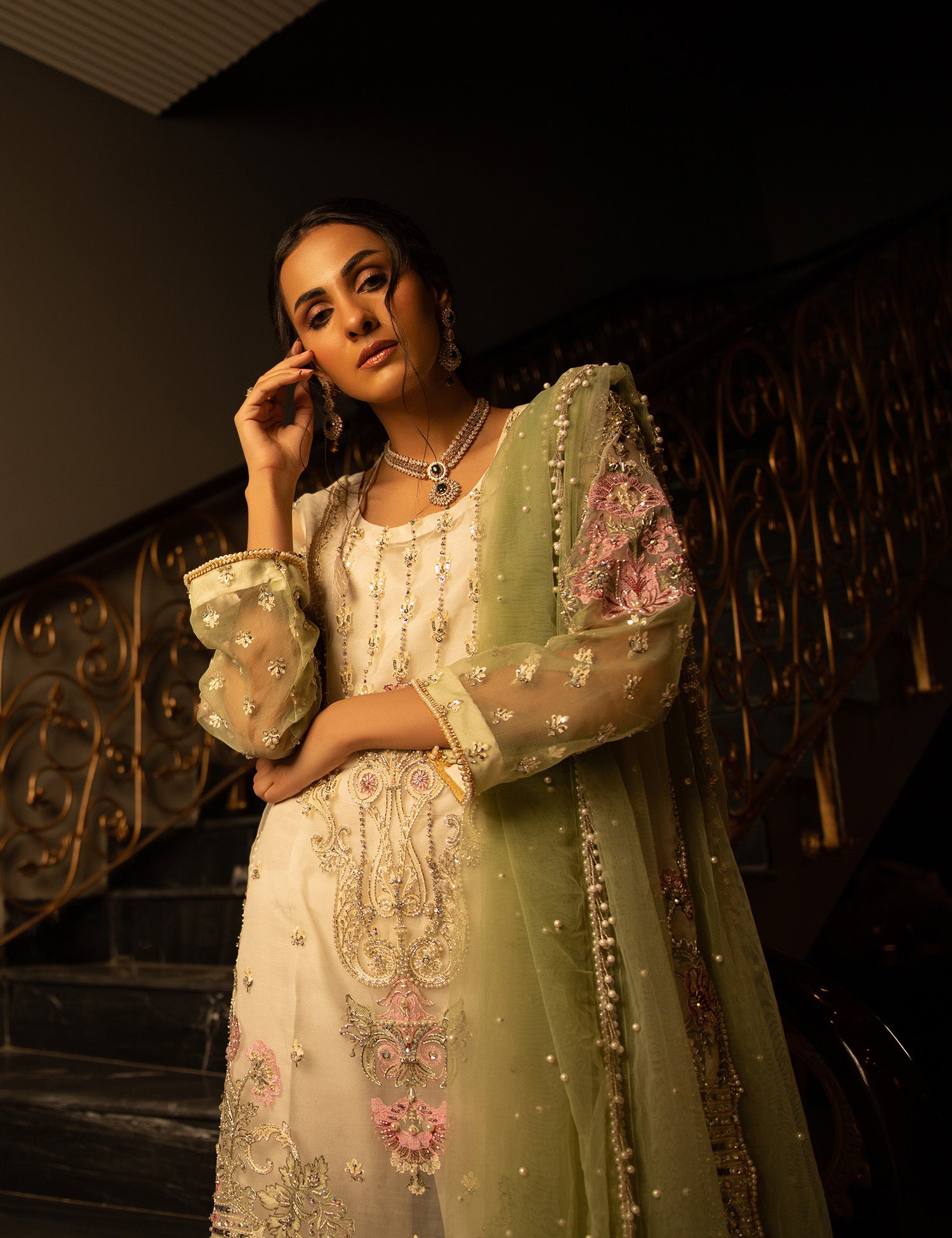 Off-White Embroidered Organza Salwar Kameez (3-Piece) - Image 2