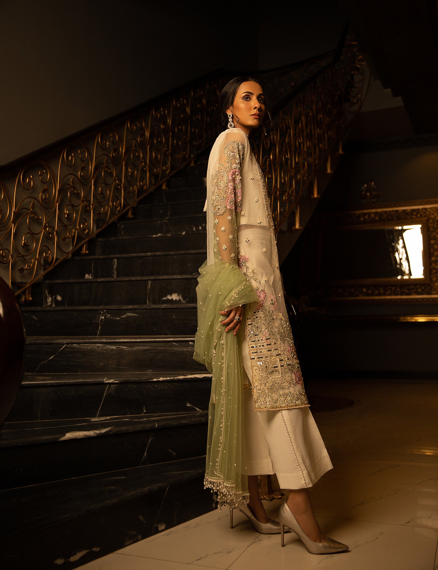 Off-White Embroidered Organza Salwar Kameez (3-Piece) - Image 3