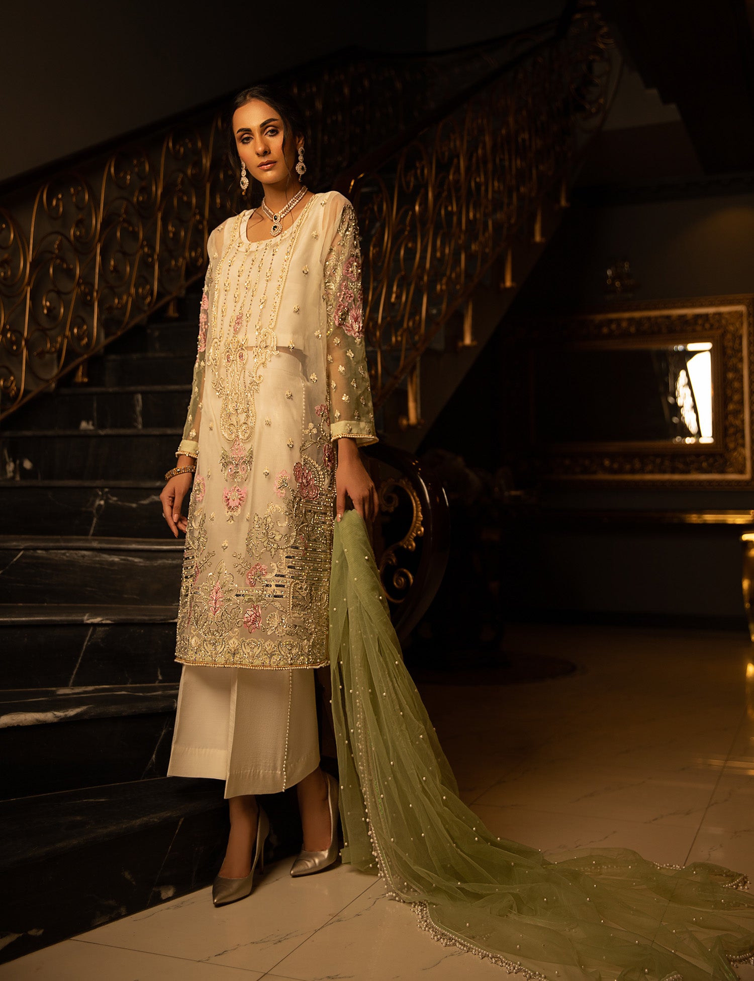 Off-White Embroidered Organza Salwar Kameez (3-Piece) - Image 4