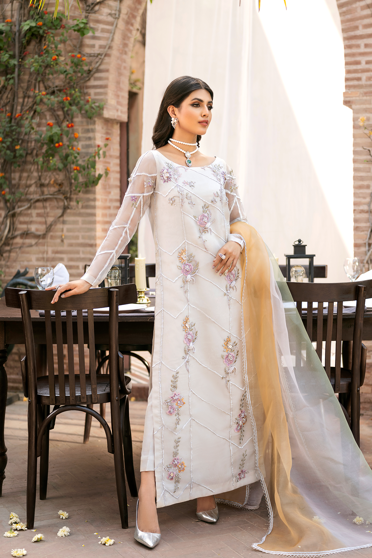 Off-White Pastel Embroidered Organza Salwar Kameez (3-Piece) - Image 1
