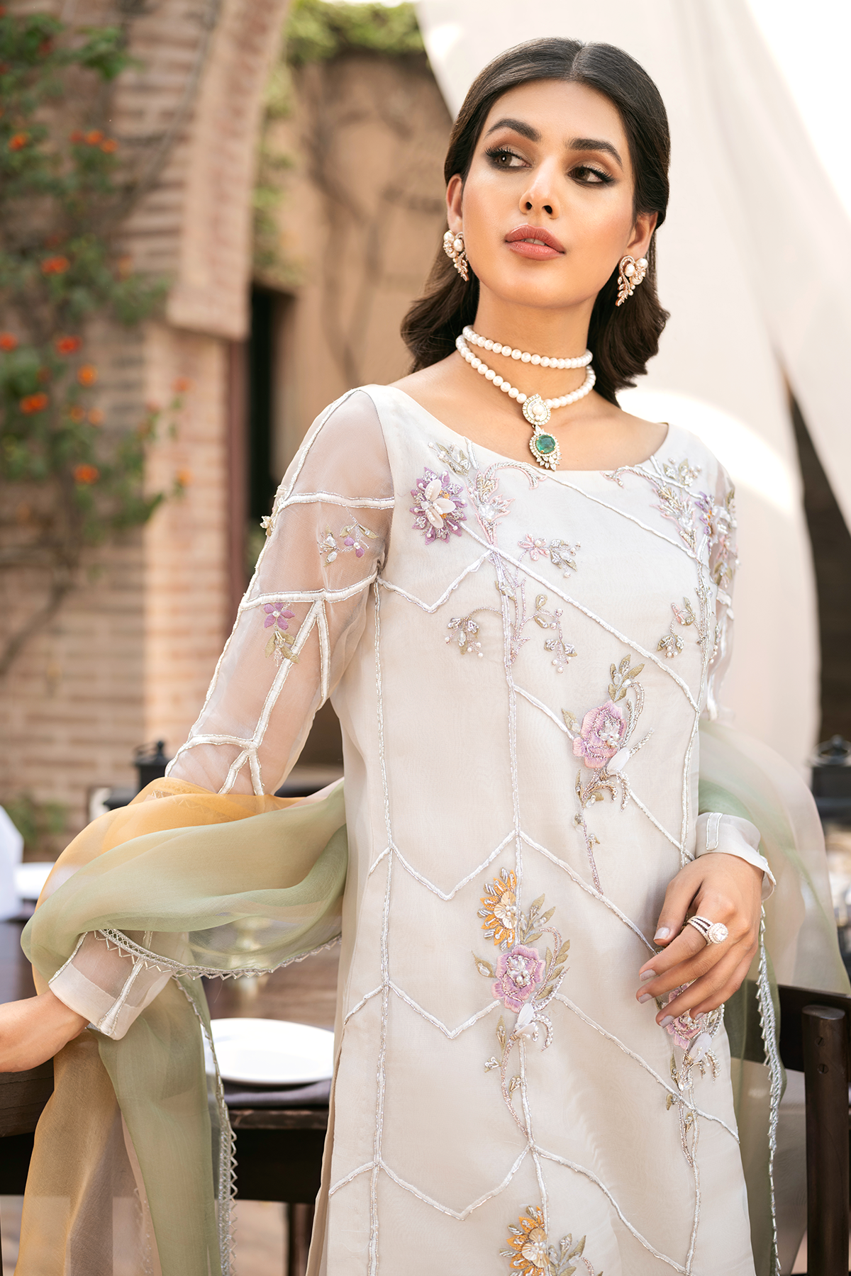 Off-White Pastel Embroidered Organza Salwar Kameez (3-Piece) - Image 2