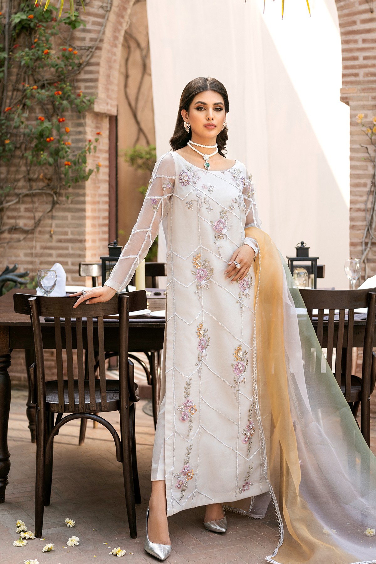 Off-White Pastel Embroidered Organza Salwar Kameez (3-Piece) - Image 3