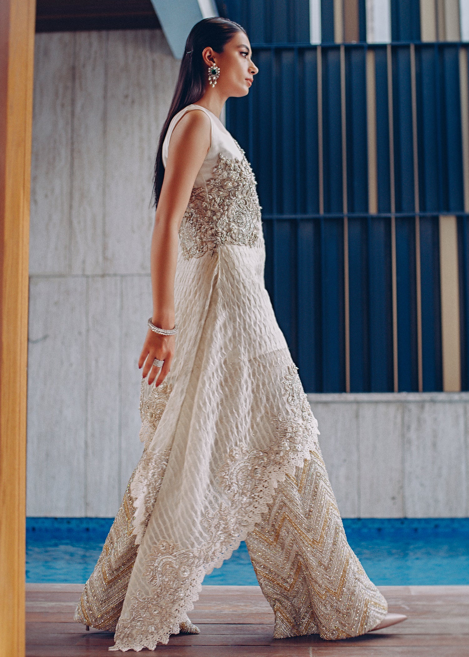 Ivory White Embroidered Organza Salwar Kameez (3-Piece) - Image 3