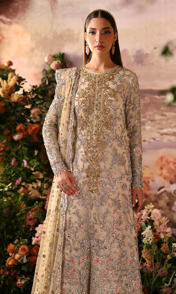 Pakistani Ivory Hand-Embroidered Organza Salwar Kameez (3-Piece) - Image 3