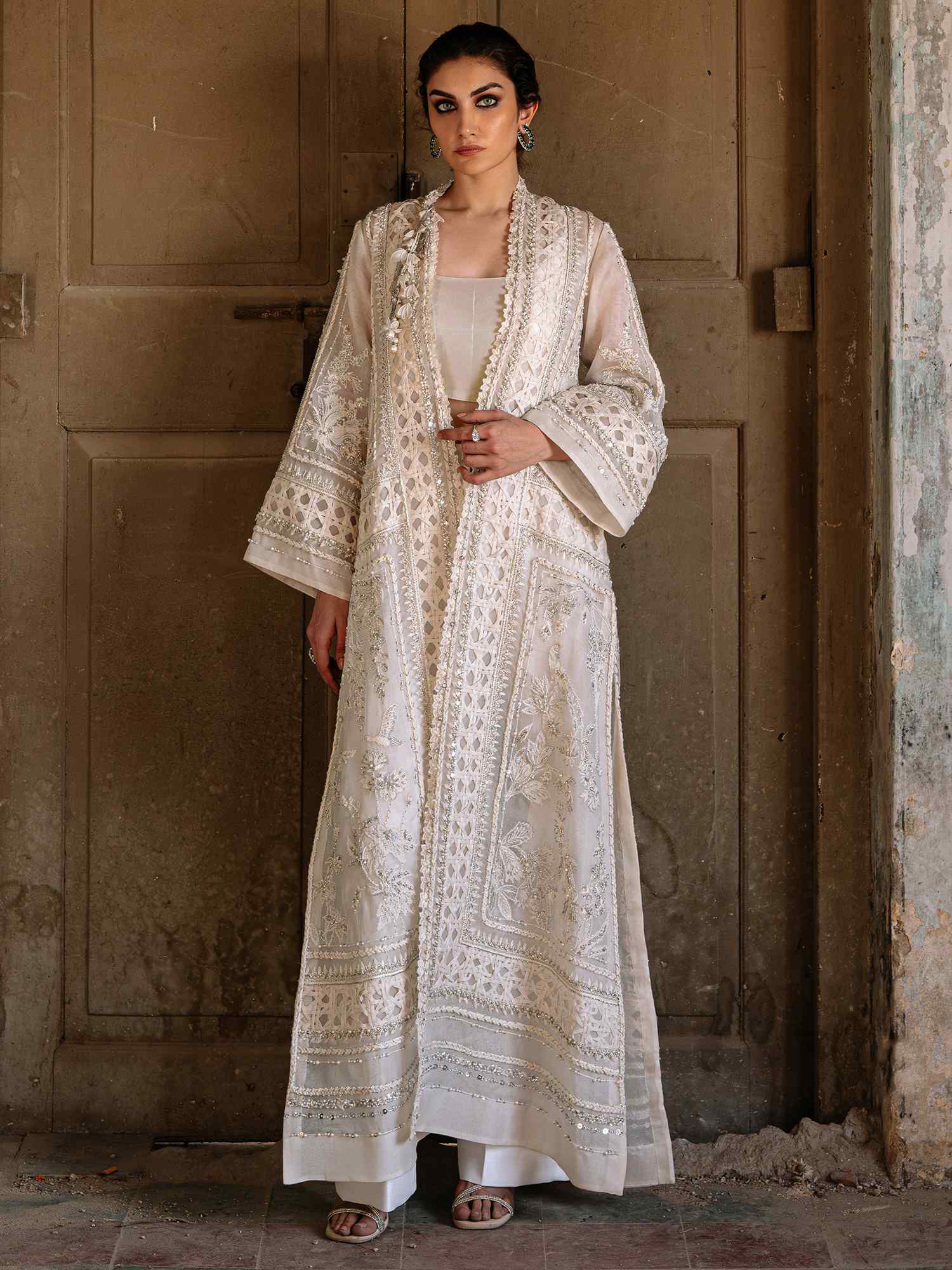 Pakistani Ivory Zardozi Organza & Raw Silk Coat Set (3-Piece) - Image 1