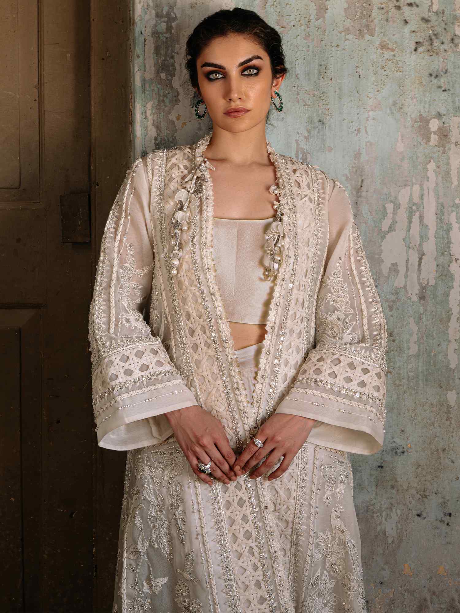 Pakistani Ivory Zardozi Organza & Raw Silk Coat Set (3-Piece) - Image 2