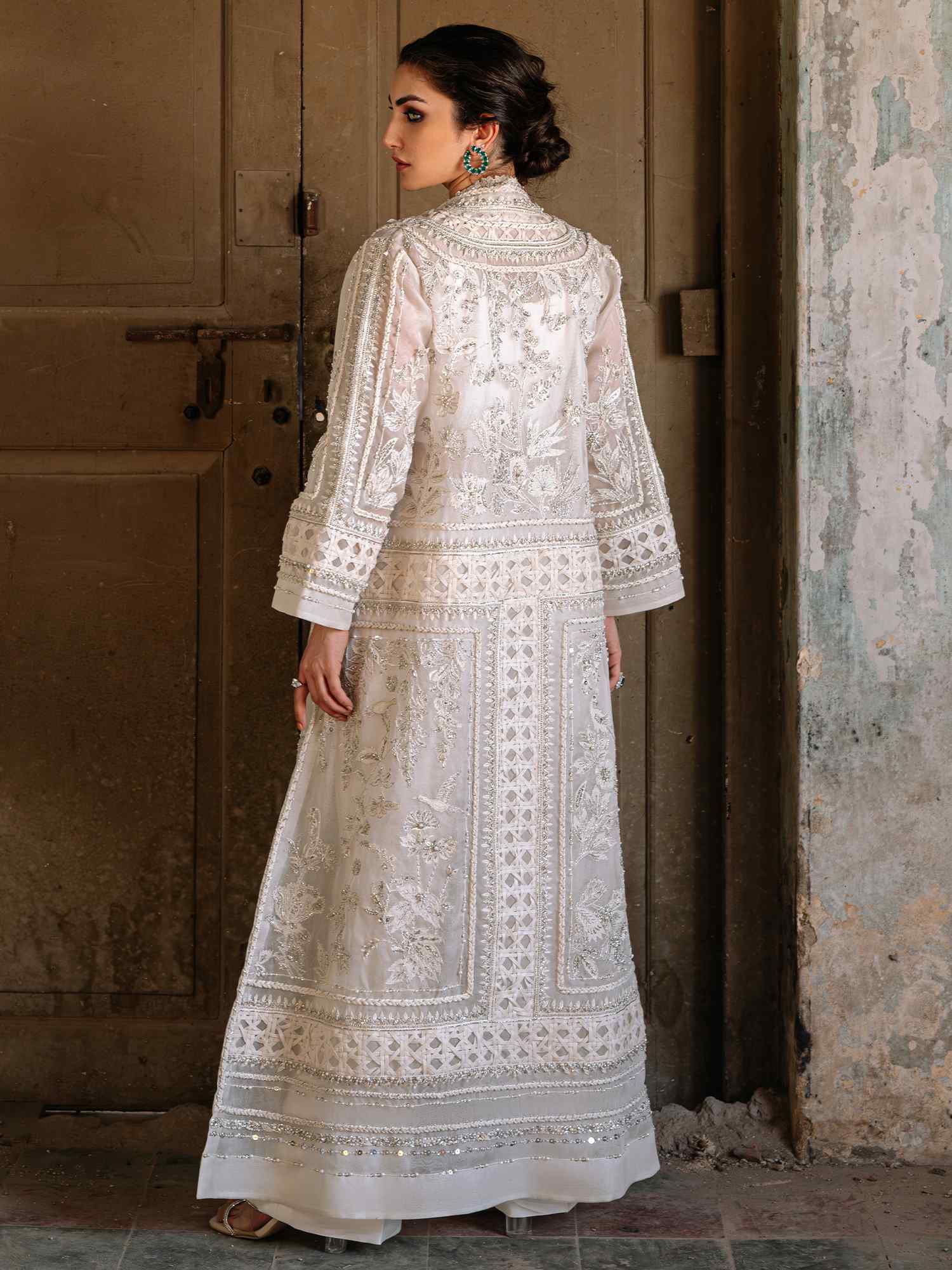 Pakistani Ivory Zardozi Organza & Raw Silk Coat Set (3-Piece) - Image 3