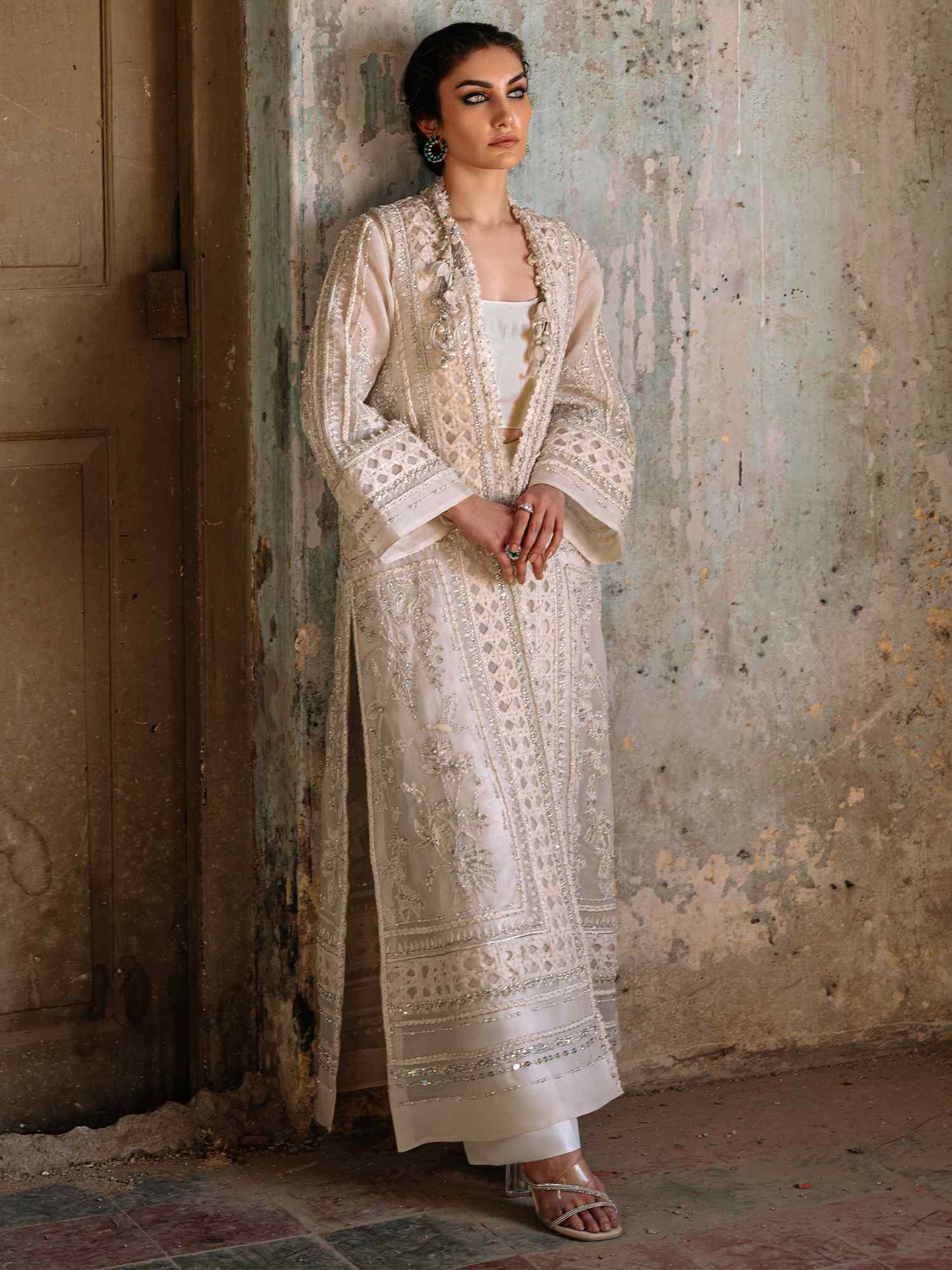 Pakistani Ivory Zardozi Organza & Raw Silk Coat Set (3-Piece) - Image 4