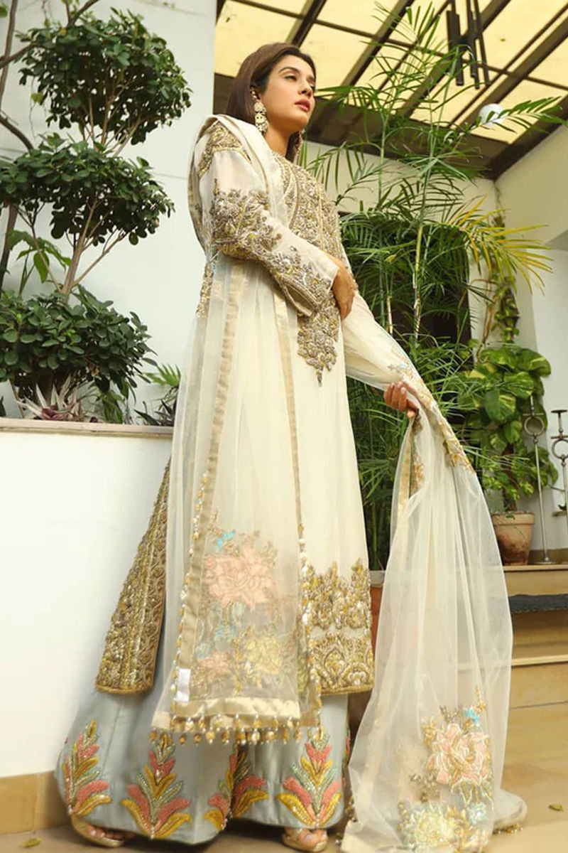 Off-White Embellished Organza Salwar Kameez (3-Piece) - Image 1