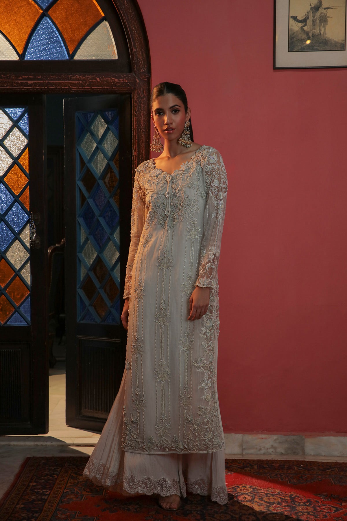 Pakistani Off White Embellished Silk Salwar Kameez (2-Piece) - Image 1