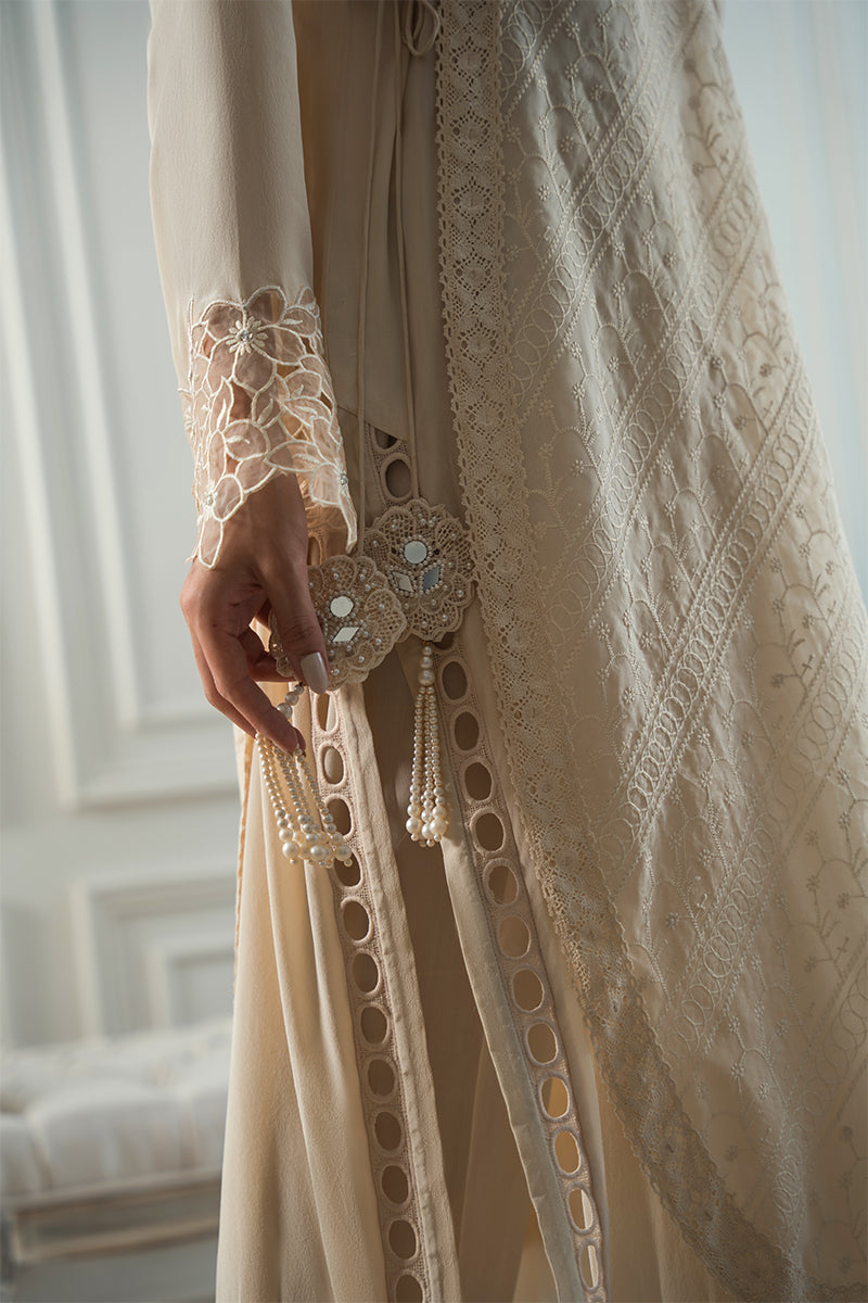 Off-White Embroidered Pure Crepe Salwar Kameez (3-Piece) - Image 7