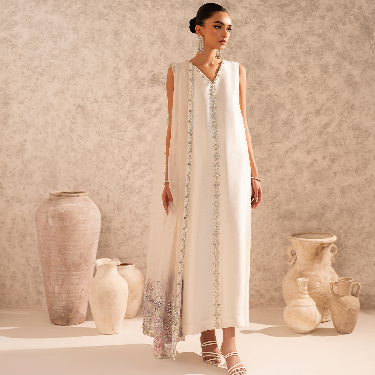 Ivory Hand-Embellished Tissue Silk Salwar Kameez (3-Piece) - Image 1