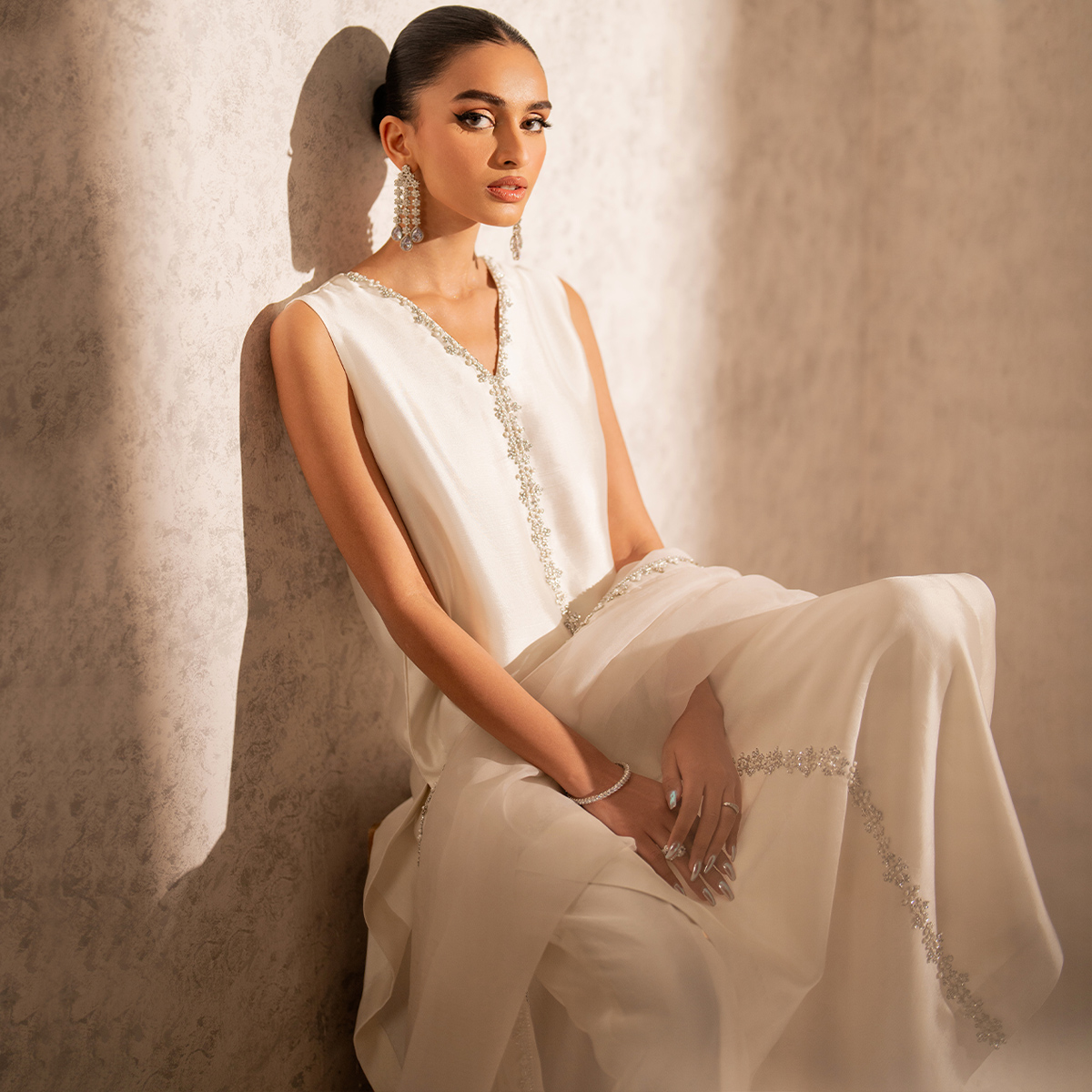 Ivory Hand-Embellished Tissue Silk Salwar Kameez (3-Piece) - Image 2