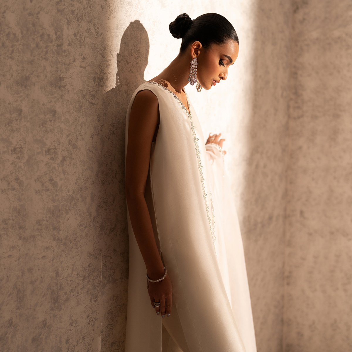 Ivory Hand-Embellished Tissue Silk Salwar Kameez (3-Piece) - Image 5