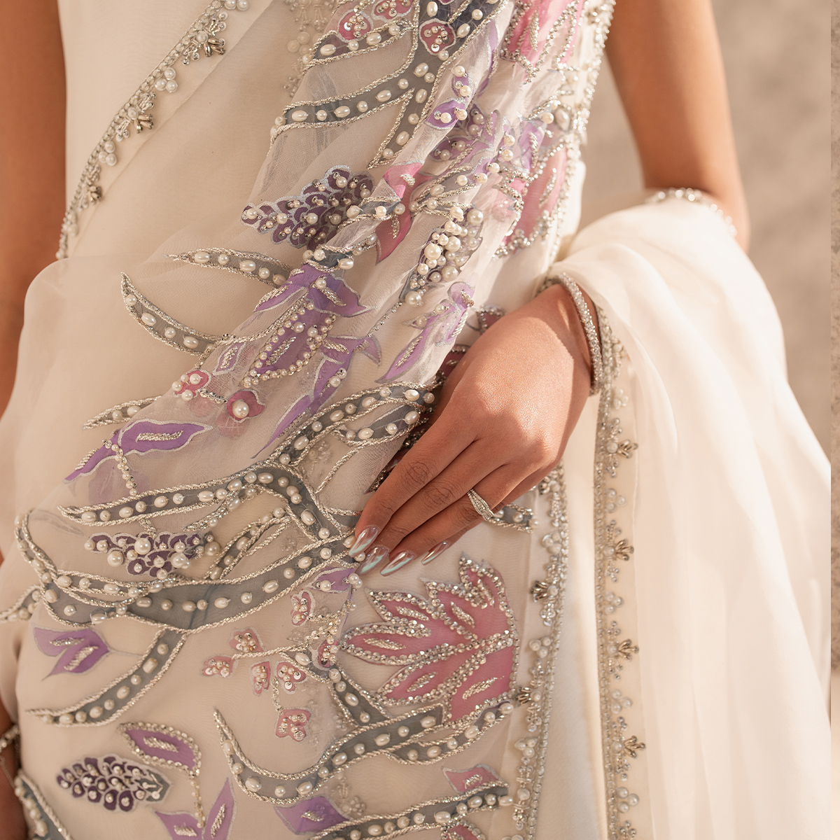 Ivory Hand-Embellished Tissue Silk Salwar Kameez (3-Piece) - Image 7