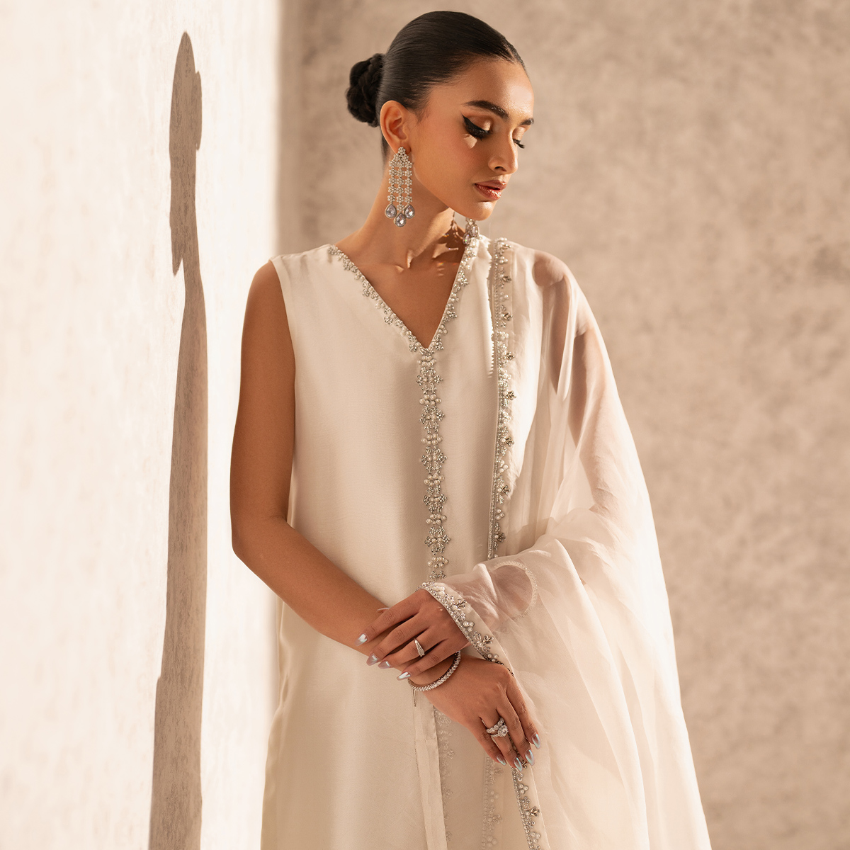 Ivory Hand-Embellished Tissue Silk Salwar Kameez (3-Piece) - Image 8