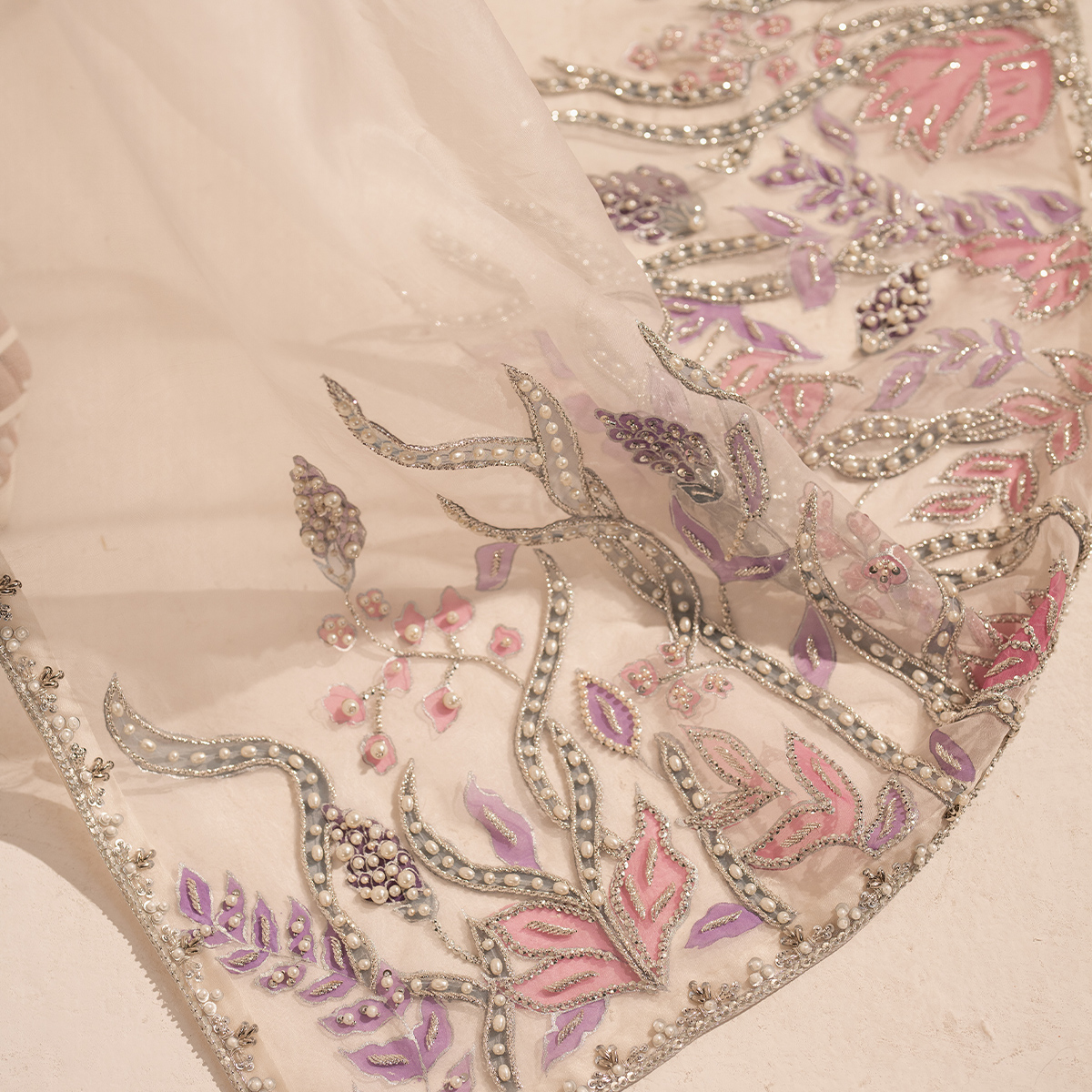 Ivory Hand-Embellished Tissue Silk Salwar Kameez (3-Piece) - Image 9