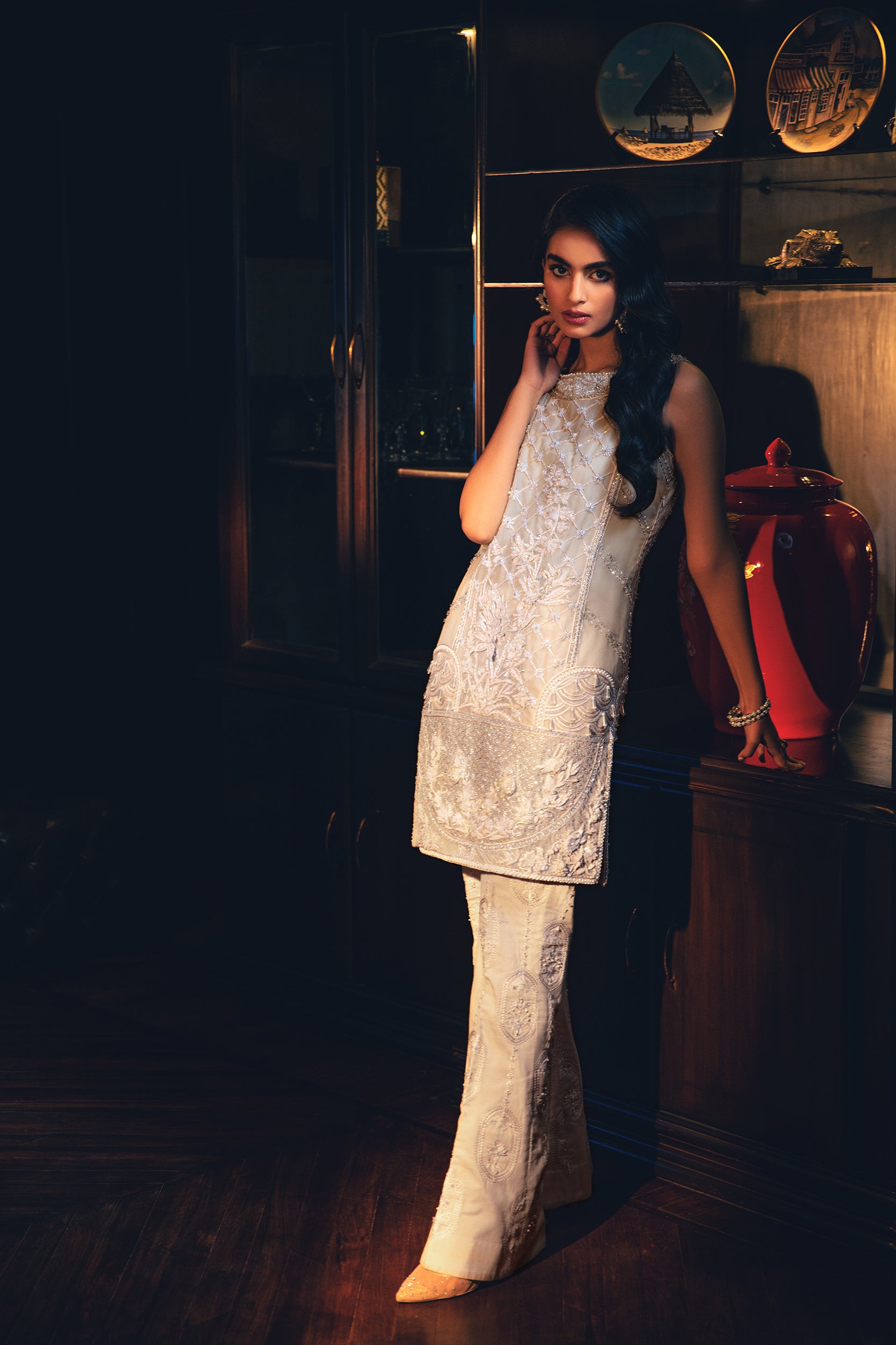 Pakistani Ivory Embellished Raw Silk Bootcut Set (2-Piece) - Image 3