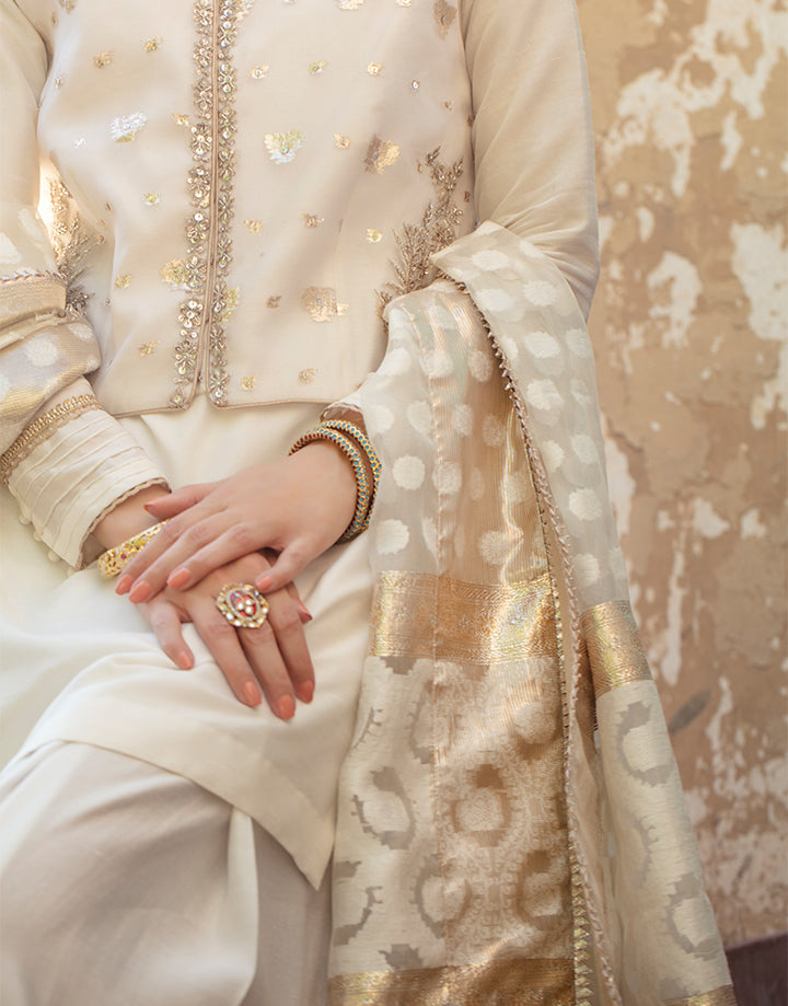 Pakistani Ivory Embellished Korean Raw Silk Shalwar Kameez (4-Piece) - Image 3