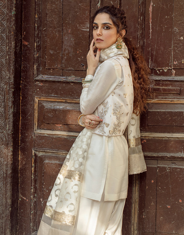 Pakistani Ivory Embellished Korean Raw Silk Shalwar Kameez (4-Piece) - Image 6