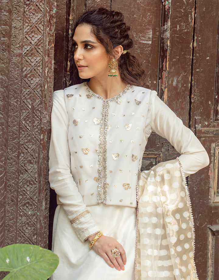 Pakistani Ivory Embellished Korean Raw Silk Shalwar Kameez (4-Piece) - Image 7