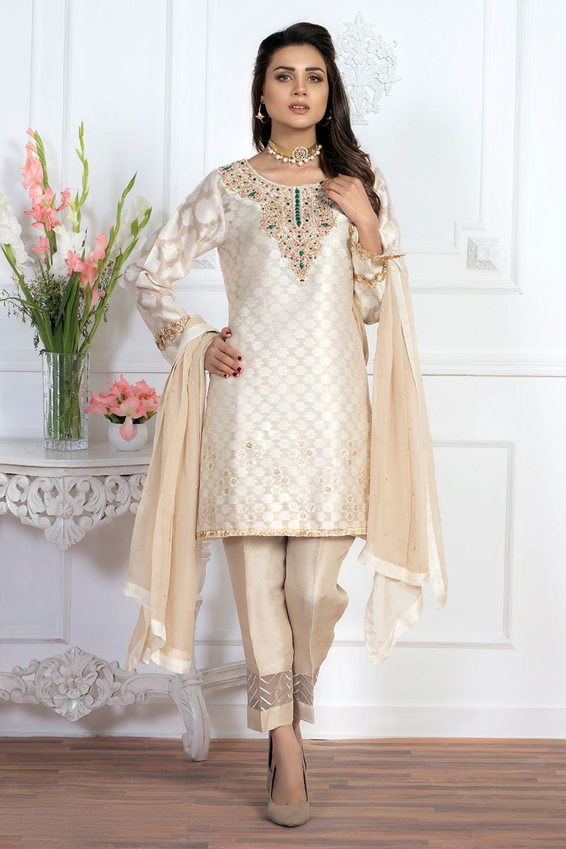 Off-White Embellished Raw Silk Salwar Kameez (3-Piece) - Image 1
