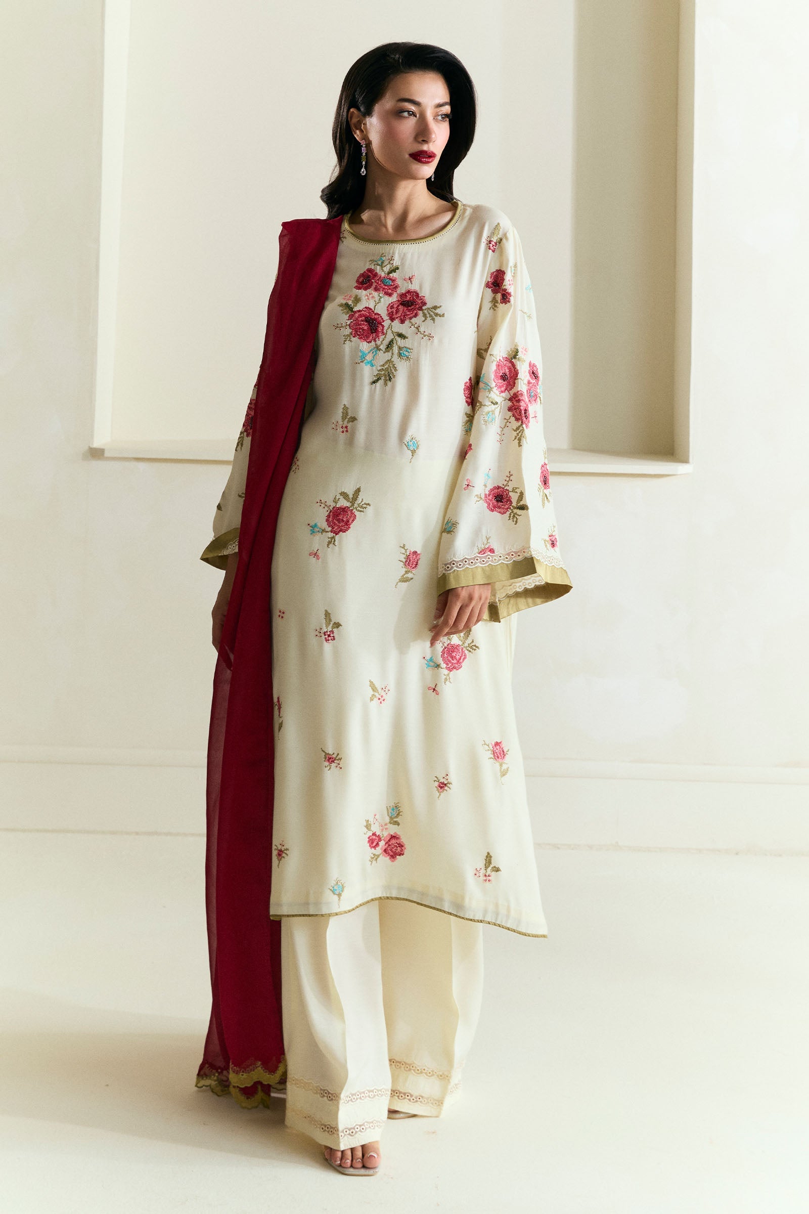 Ivory Embroidered Medium Raw Silk Salwar Kameez (3-Piece) - Image 1