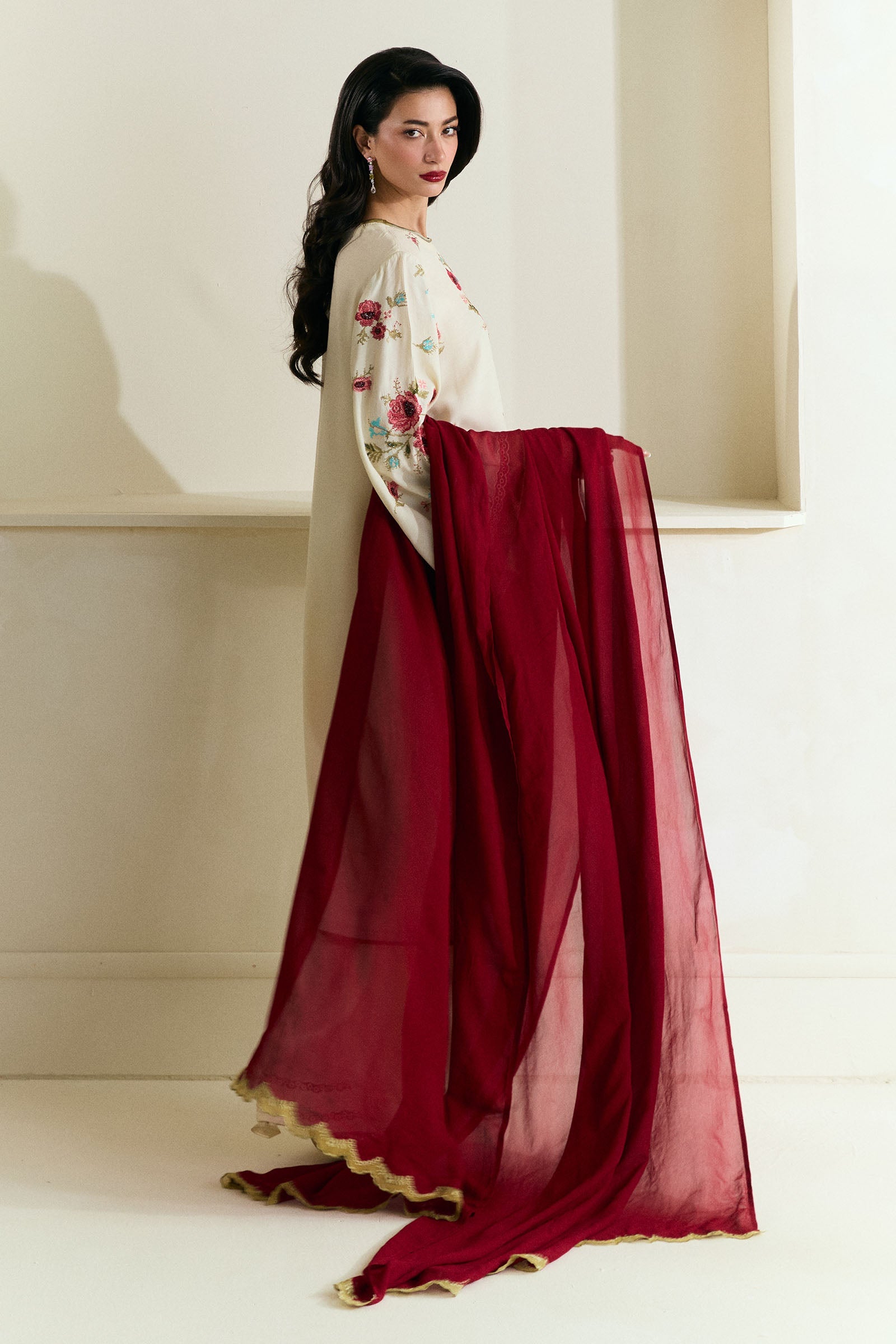 Ivory Embroidered Medium Raw Silk Salwar Kameez (3-Piece) - Image 2