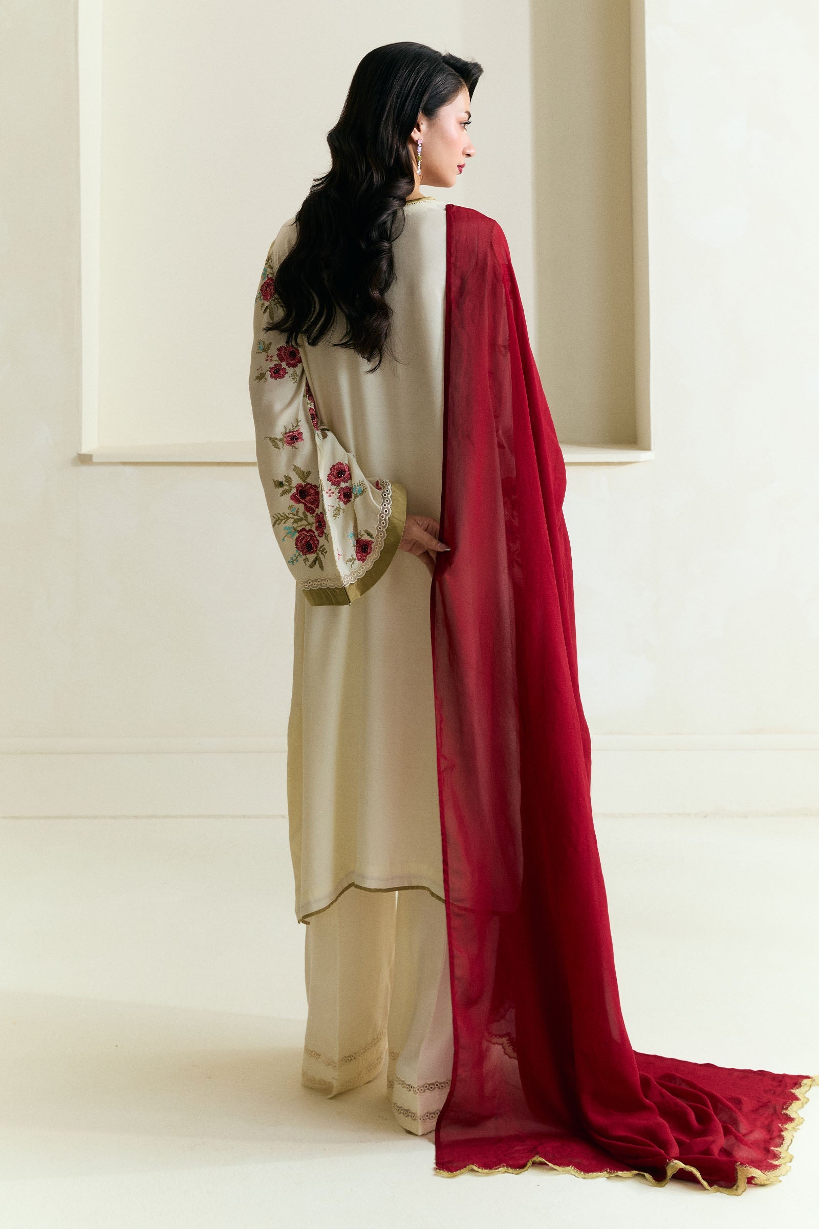Ivory Embroidered Medium Raw Silk Salwar Kameez (3-Piece) - Image 3