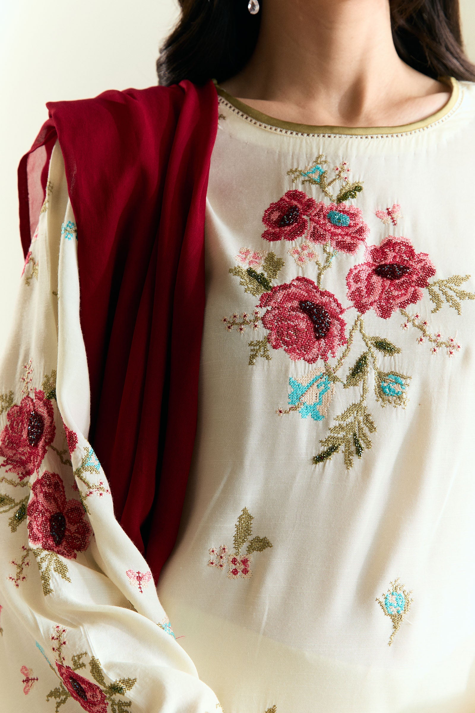 Ivory Embroidered Medium Raw Silk Salwar Kameez (3-Piece) - Image 4