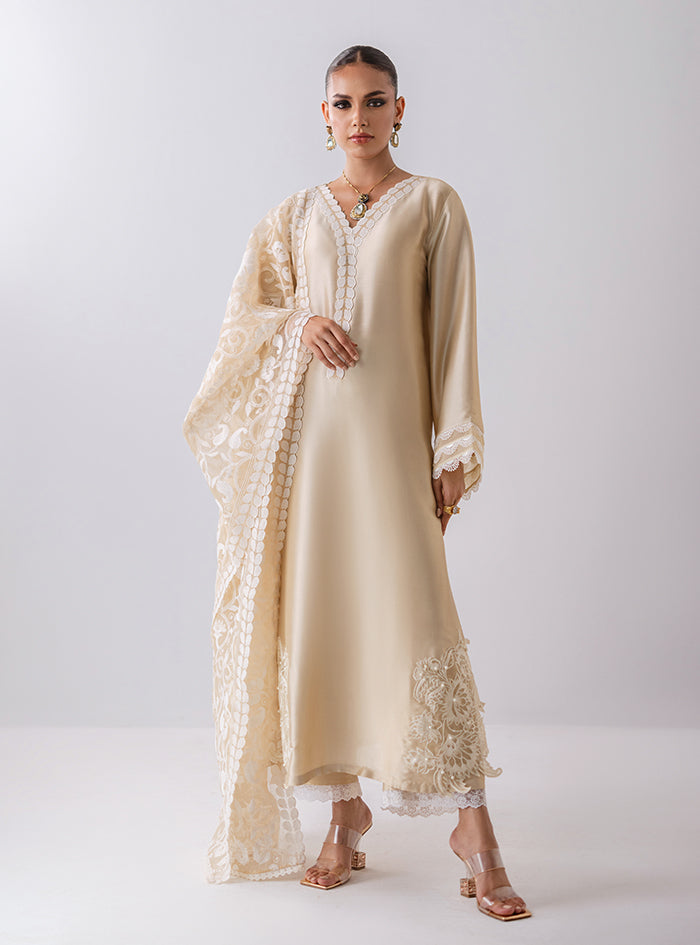 Ivory Cutwork Embroidered Raw Silk Salwar Kameez (3-Piece) - Image 1