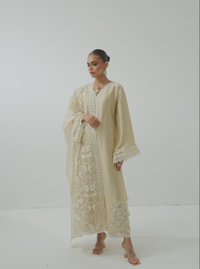Ivory Cutwork Embroidered Raw Silk Salwar Kameez (3-Piece) - Image 10