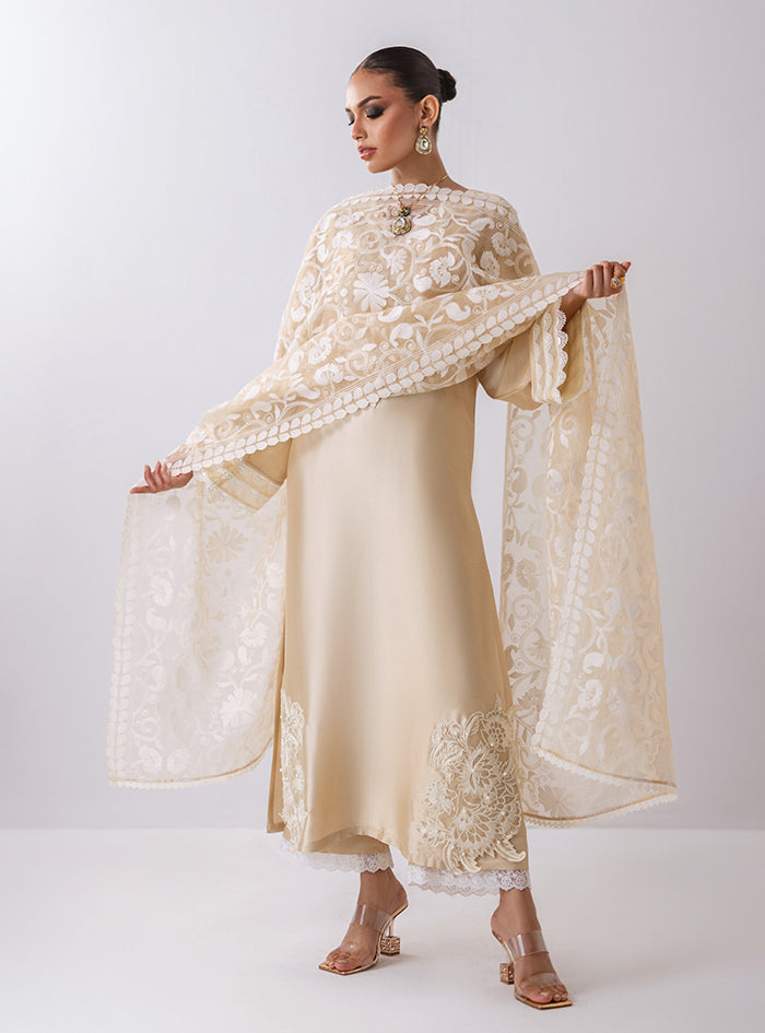 Ivory Cutwork Embroidered Raw Silk Salwar Kameez (3-Piece) - Image 4