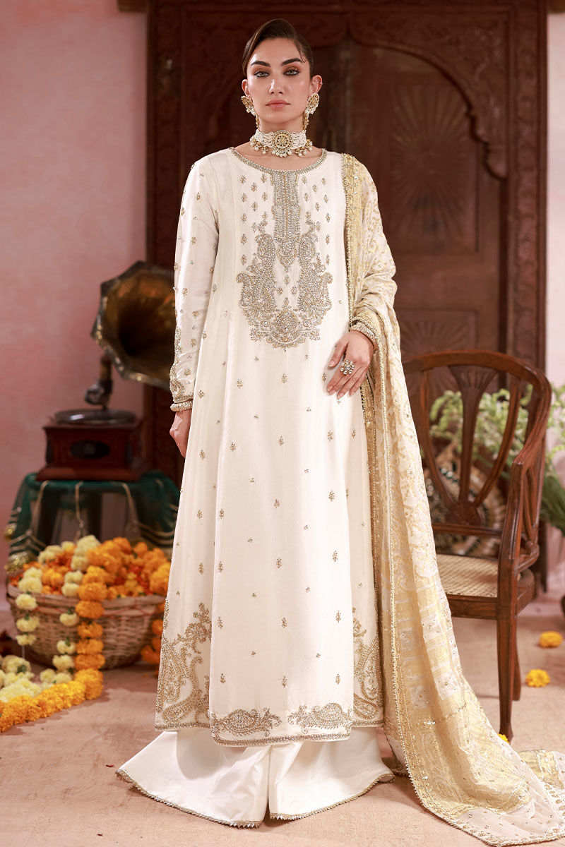 Pakistani Ivory Embroidered Raw Silk Kalidaar Kurta (3-Piece) - Image 1