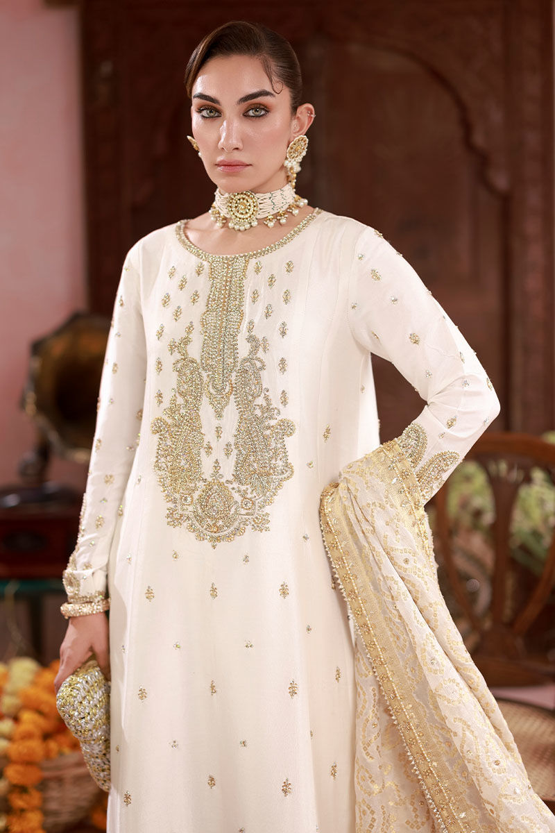Pakistani Ivory Embroidered Raw Silk Kalidaar Kurta (3-Piece) - Image 2
