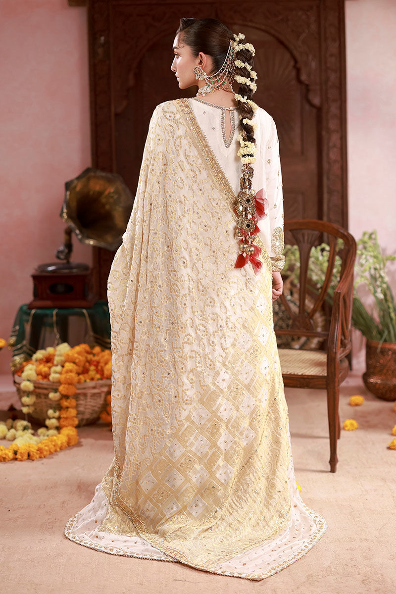 Pakistani Ivory Embroidered Raw Silk Kalidaar Kurta (3-Piece) - Image 3