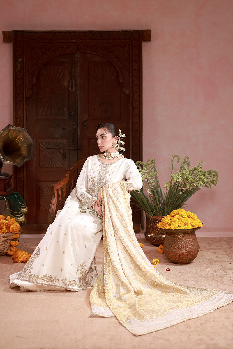 Pakistani Ivory Embroidered Raw Silk Kalidaar Kurta (3-Piece) - Image 4
