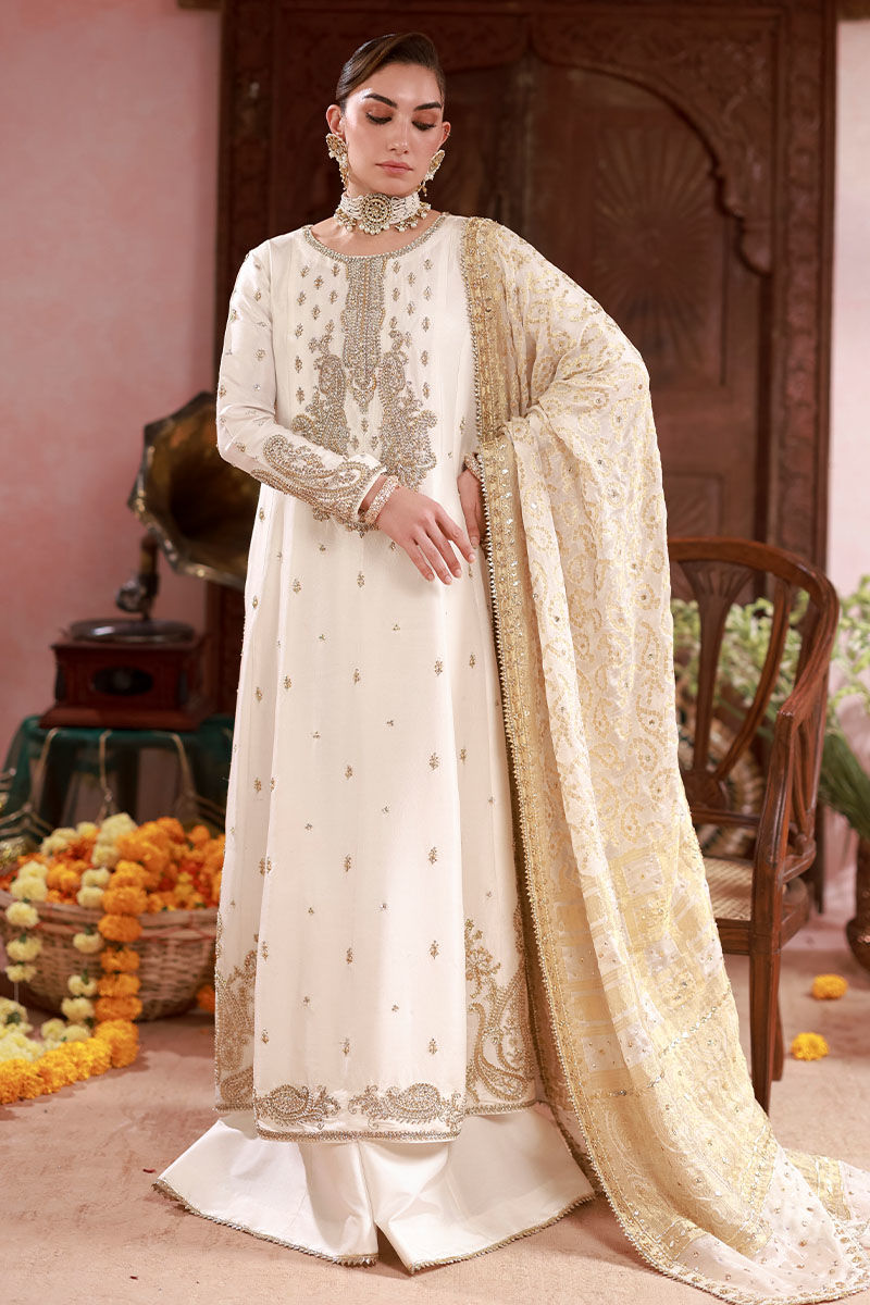Pakistani Ivory Embroidered Raw Silk Kalidaar Kurta (3-Piece) - Image 5