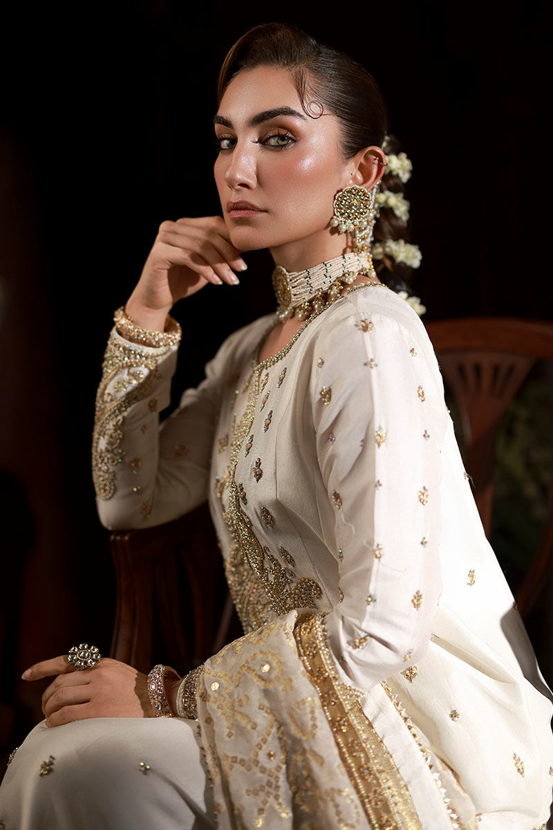 Pakistani Ivory Embroidered Raw Silk Kalidaar Kurta (3-Piece) - Image 6