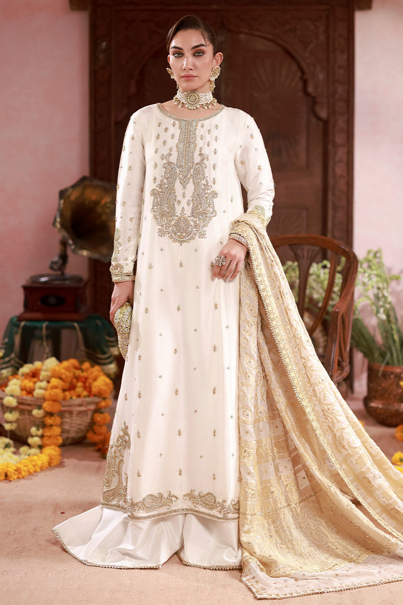 Pakistani Ivory Embroidered Raw Silk Kalidaar Kurta (3-Piece) - Image 7