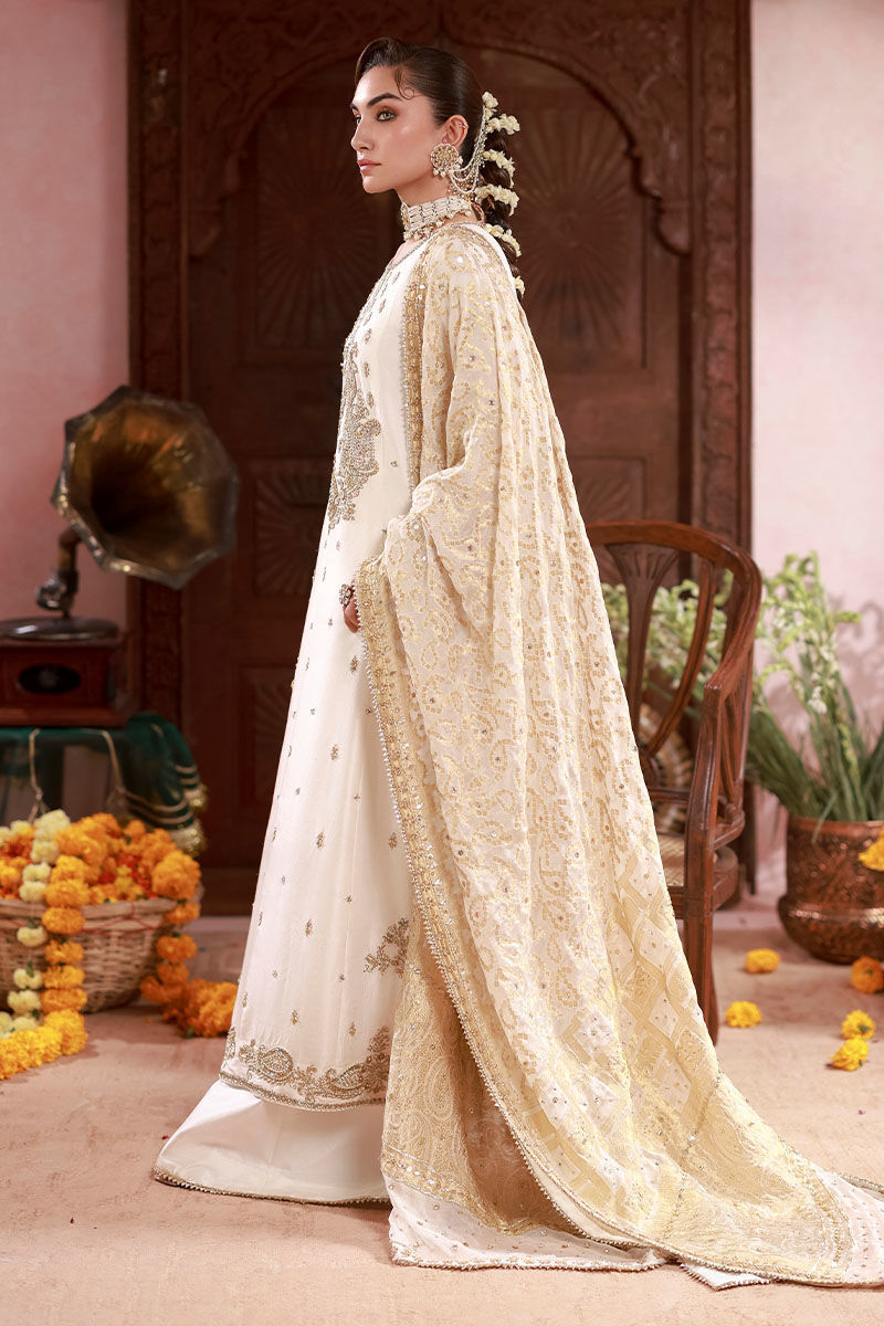 Pakistani Ivory Embroidered Raw Silk Kalidaar Kurta (3-Piece) - Image 8