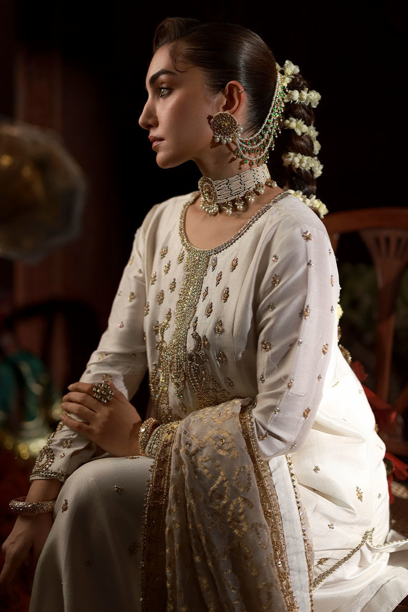 Pakistani Ivory Embroidered Raw Silk Kalidaar Kurta (3-Piece) - Image 9